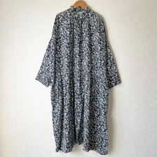 ICHI Antiquites Linen Floral Shirt Dress Navy Free Size Botanical Pattern Japan