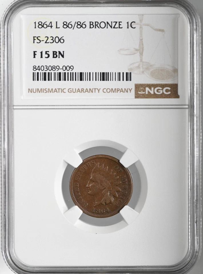 1864 L  1C 86/86 BRONZE INDIAN HEAD CENT (PENNY) FS-2306 NGC F15 BN #8403089-009 - Image 2 of 4