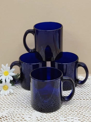 4 Libbey Cobalt Blue Mugs Set Elegant Glass Coffee Cups EUC