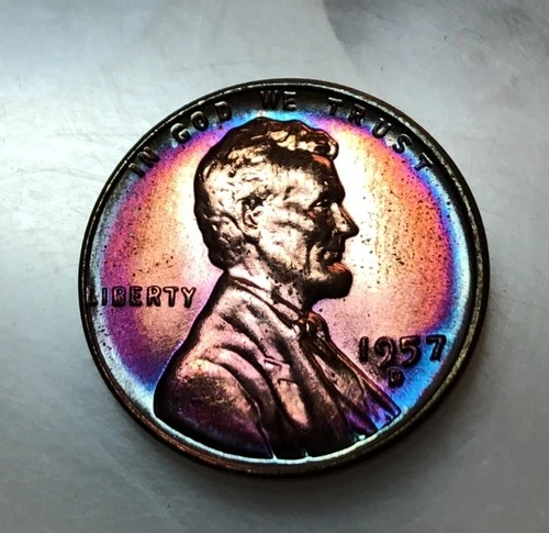 Lincoln Wheat Cent 1957 D BU Monster rainbow TONED Comb S&H