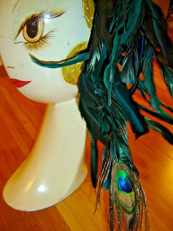 Pavo Real Tocado Sombrero Hombre Ardiente Halloween Disfraz Plumas Verde Foto 4 de 4