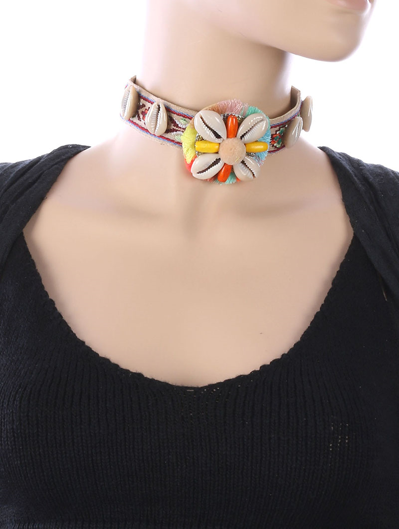 Seashell Fabric Choker Tribal Pattern Embroidered Necklace USA