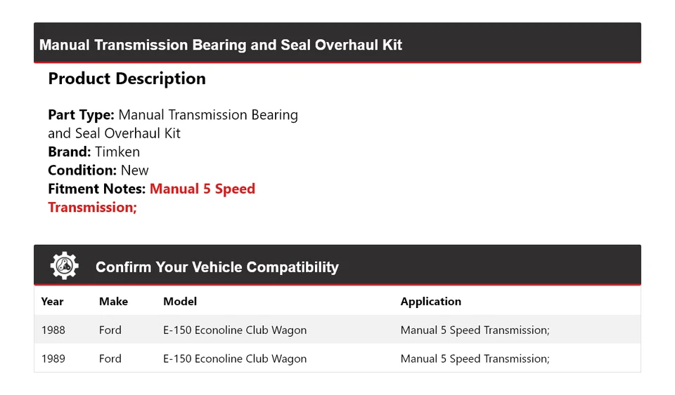 Kit de revisión de sello de rodamiento Tim para Ford E-150 Econoline Club Wagon MT 88-89 Foto 2 de 3