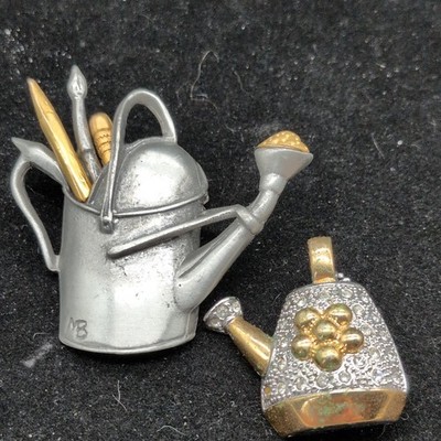 M. Bastin Vintage Watering Can Brooch Pin Silver Gold Tone plant Theme lot