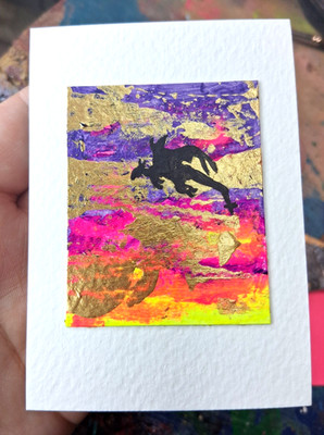 ACEO Original Art Dark Fantasy Dragon Fluorescent Colorful Sunset Medieval Gold