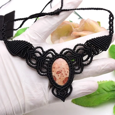 Handgefertigt Natürlich Jaspis Cabochon Boho Makramee Halskette Kristall Reiki - Bild 1 von 4