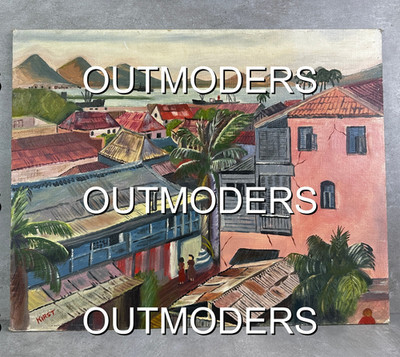 Vintage Folk Art PAINTING Caribbean Tropical Shanty House Tin Roof Vibrant Moody