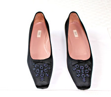 Prada Calzature Donna Black Fabric Kitten Heel Beaded Vtg Italy Women's Shoes 39