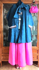 M-L Traditional Korean Hanbok Dress Durumagi Coat  Silk Scarf Set Deep Navy