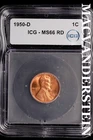 1950-D Lincoln Wheat Cent-ICG MS 66 RD Choice Gem BU No Reserve #SLL917