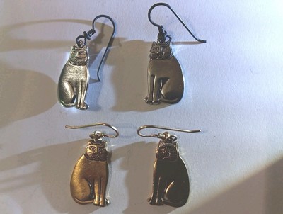Vintage Signed Laurel Burch 2 Sets.. Gold-Silver Cat Feline Dangle Earrings