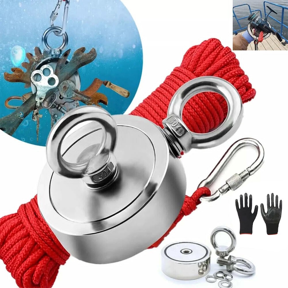 2000 LBS Strong Fishing Magnet Kit Double Sided Pull Force 20m Rope Carabiner