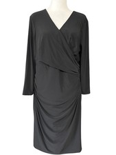 Lauren Ralph Lauren Dress Womens 14 Black Faux Wrap Ruched Sheath Jersey V Neck
