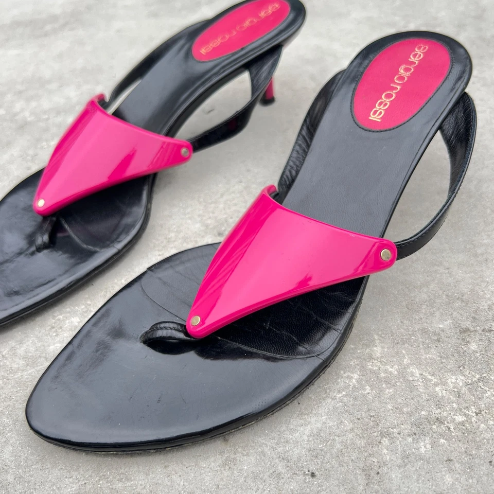 Sergio Rossi | Auténtico Tanga de Cuero Rosa Negro Chanclas Tacones de Gatito (35.5) Foto 3 de 4