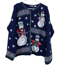 VTG 80s North Crest Women  s Blue Knit Snowman Cardigan Sweater - Size Large