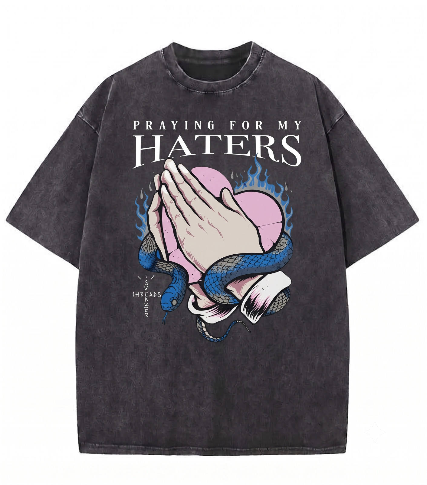 Mens Vintage Wash Oversized T-Shirt Praying For My Haters Graphic Streetwear Tee