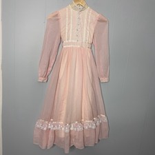 Maxi abito vintage anni 70 Gunne Sax rosa prateria pizzo pintuck 24"W XS vittoriano