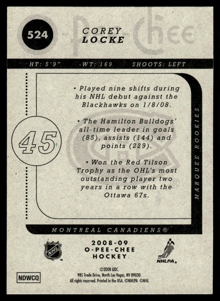2008-09 O-Pee-Chee MARQUEE ROOKIES Corey Locke Rookie Montreal Canadiens #524 - Image 2 of 2