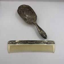 Vintage Silver Plate Hair Brush Art Nouveau Style with Nylon Bristles and Comb