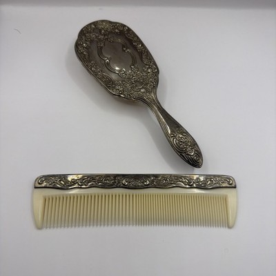 Vintage Silver Plate Hair Brush Art Nouveau Style with Nylon Bristles and Comb