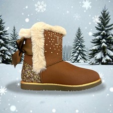 Juicy Couture Faux Fur Lined Chestnut Ankle Boots Bow Girls US Size 4 rhinestone