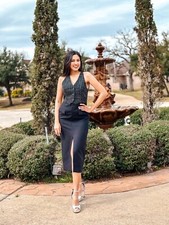 ZARA SZ. S WOMAN BLACK CONTRASTING TEXTURED MIDI V-NECK DRESS_9146/081 FW23 NWT