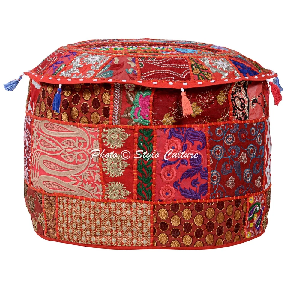 Boho 18 in Bohemian Patchwork Pouf Cover Ottoman Ethnic Decor Pouffe Foot Stool - Image 2 of 4
