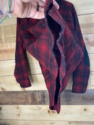 Vintage Woolrich USA Red Black Elbow Patch Wool Flannel Plaid Shirt Men’s Large - Picture 6 of 13