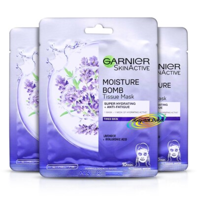 3x Garnier Skin Active Moisture Bomb Hydrating Anti Fatigue Lavender Tissue Mask