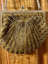Vintage Beaded Clutch Brown Clamshell Shape Formal Occasion Accessory