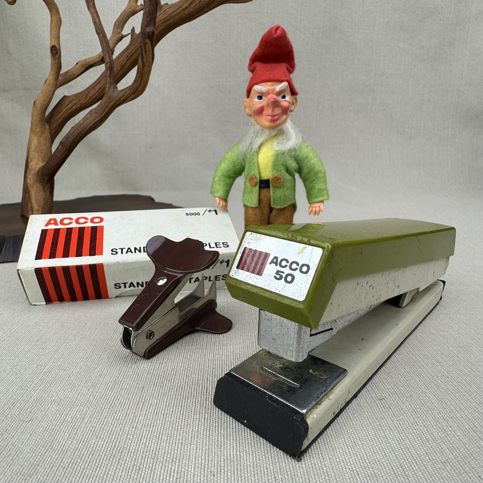 ACCO 50 Stapler Vintage ACCO Lot Avocado Green w Staples & Letter Opener-image