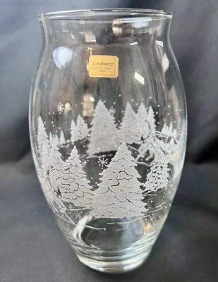Luminarc D Arques Glass Vase Horse Sleigh Snow Winter Scene Holiday Christmas