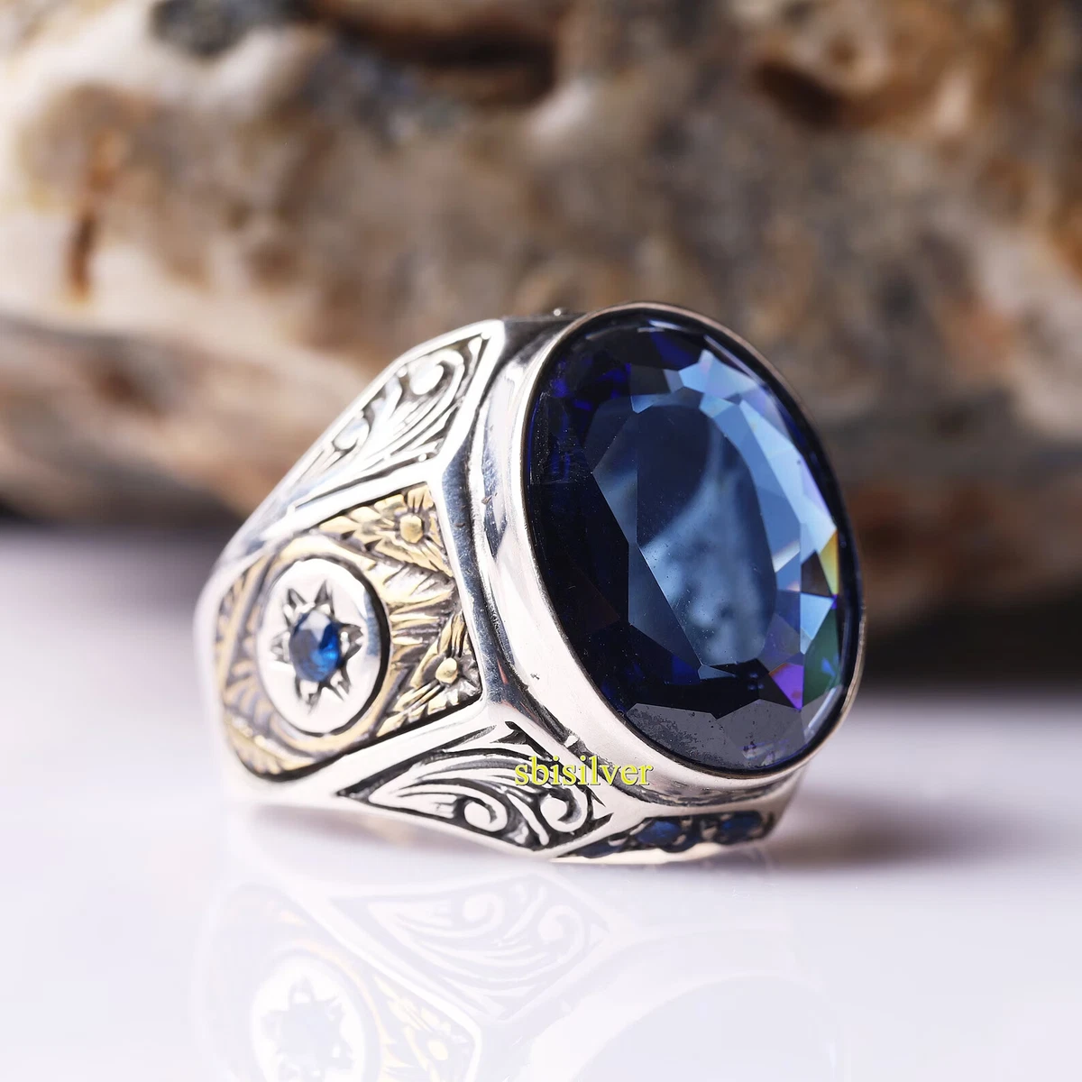 Sapphire Men s Ring 925 Sterling Silver Turkish Handmade Jewelry ALL SIZE