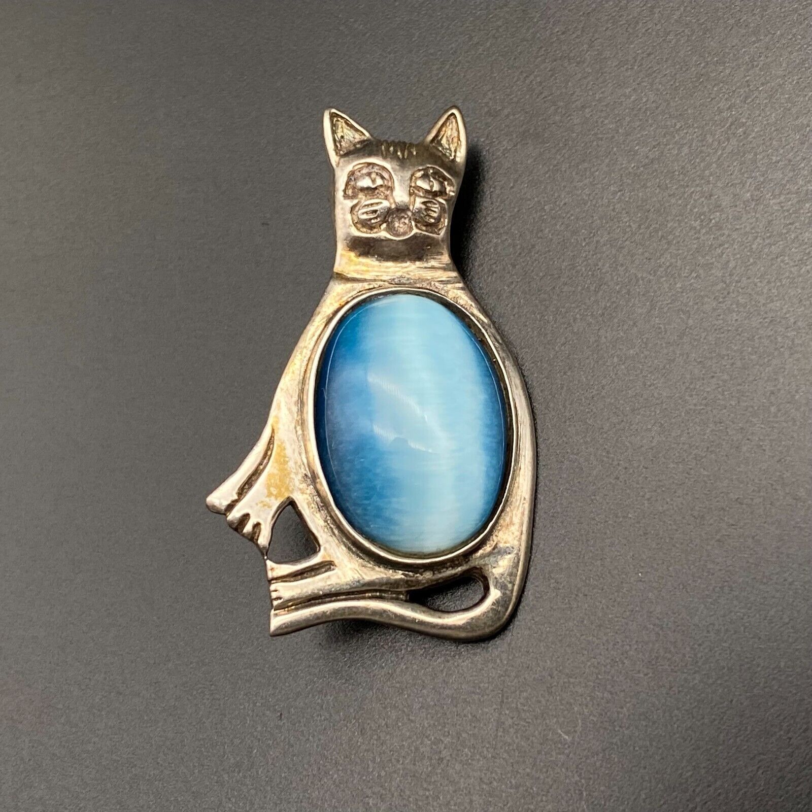 Vintage Cat Blue Cat Eye Sterling Silver Pin Broo… - image 1
