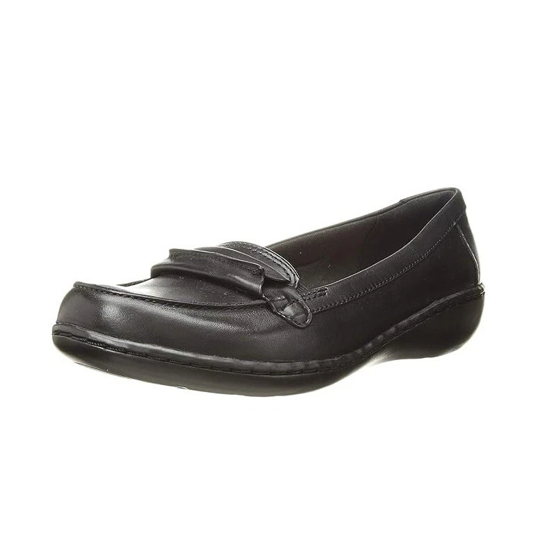 Scarpa Clarks donna 11 N nera pelle Ashland Lily slip on piatta comoda nuova con scatola GU6