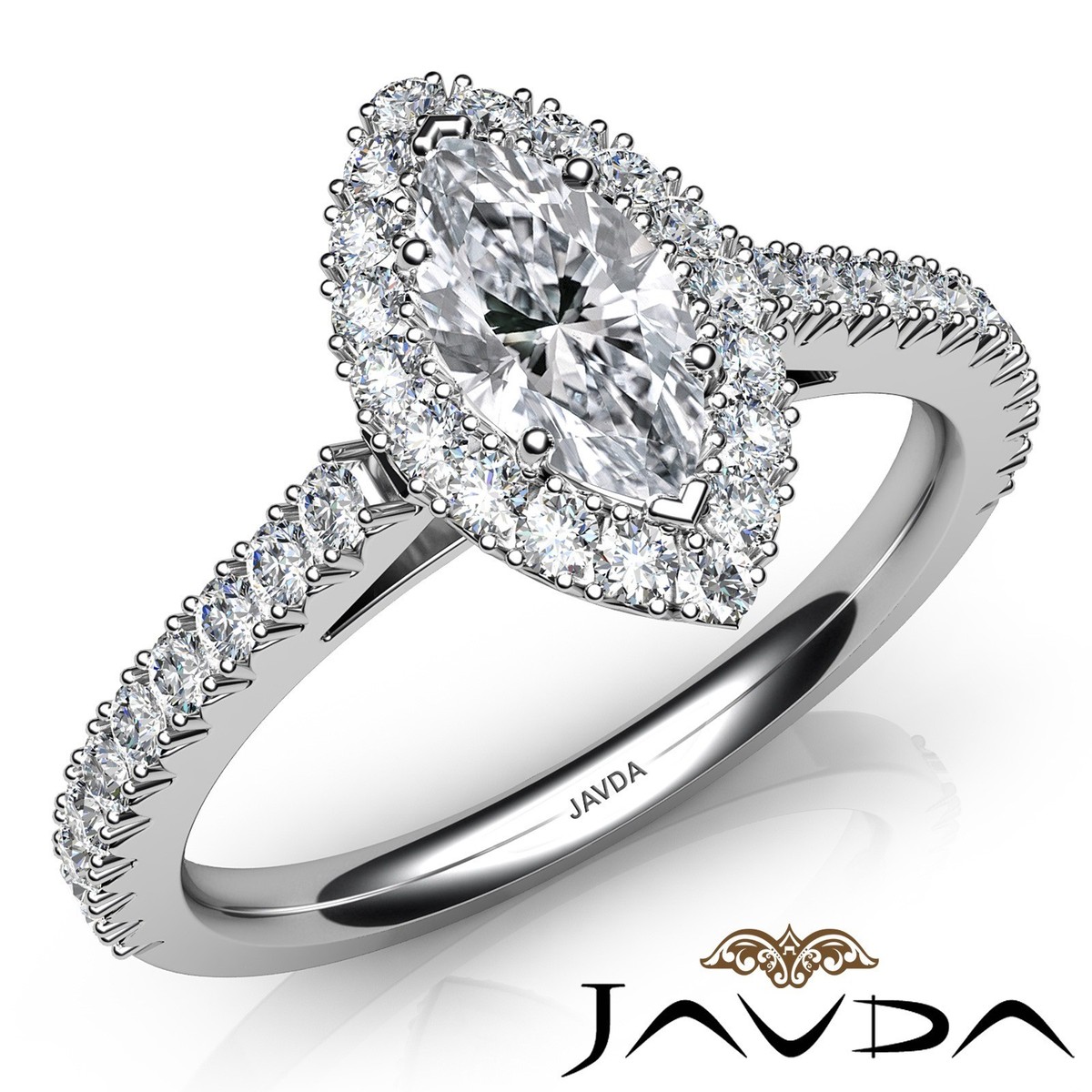 French Cut Pave Set Halo Marquise Diamond Engagement Ring