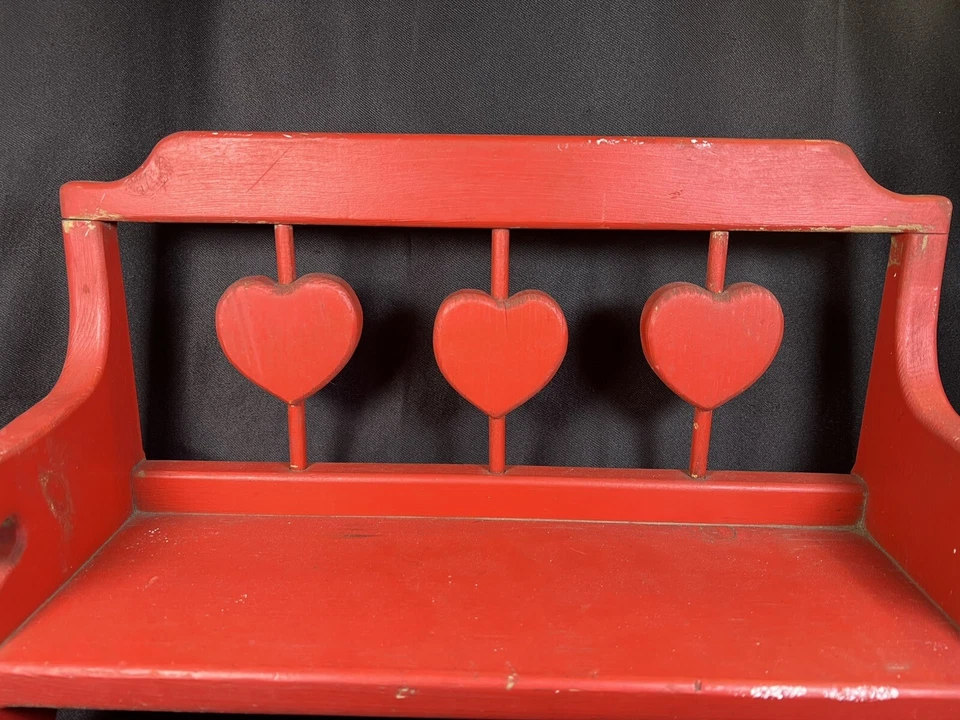 Vintage 16” Handmade Red Rustic Wood Farmhouse Small Bench w Hearts Handcrafted - Image 3 of 4