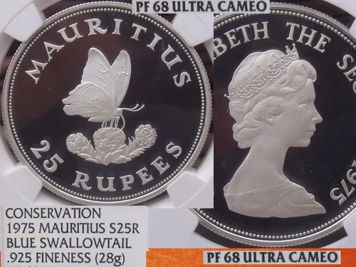 Mauritius 1975 Silver 25 Rupees~NGC PR-68 UC~Pop=2~Blue Swallowtail Butterfly~FS