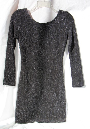 Womens Black w/ Silver Sparkle Glitter Party Mini Dress Long Sleeve Size XS - Picture 1 of 2