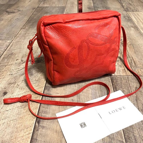 LOEWE Nappa Leather Mini Shoulder Bag Red Anagram Crossbody Used From Japan