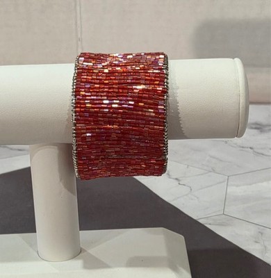 RETRO-VINTAGE Unique Red (seed bead) Beaded Open Bangle Cuff Bracelet 8 in