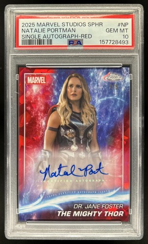 2025 Topps Chrome Marvel Sapphire Natalie Portman Mighty Thor Auto Red /5 PSA 10