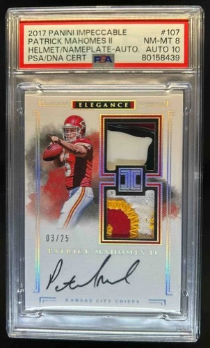 2017 Impeccable Patrick Mahomes II Rookie Helmet Nameplate Patch Auto #/25 PSA 8