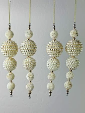 Set of 4 Pearl Bead Drop Ornaments • 6.5" Long • Gold Accents • Elegant Christma