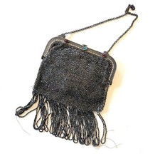 Antique 20s Black Beaded Fringed Mesh Purse ornate metal frame Flapper Handbag