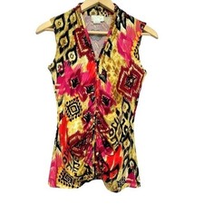 Jon Den Top Sleeveless Top Made In USA Ruched Front Womens S Mixed Print Artsy