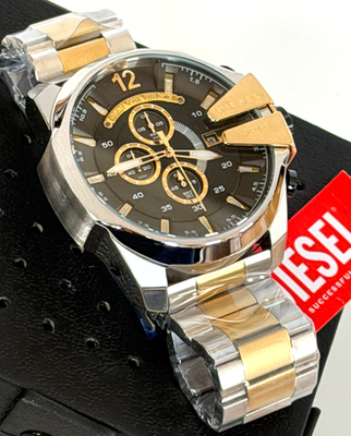 DIESEL DZ4581 Mega Chief Silver/Gold-Tone Chronograph Watch BNWT 