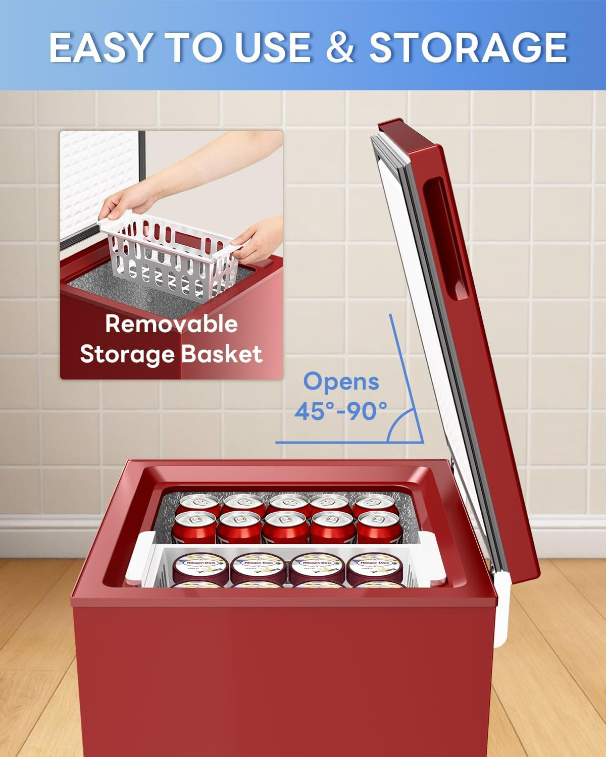 Ultra-Low Temp 3.5 Cu.Ft Red Chest Freezer with Removable Basket