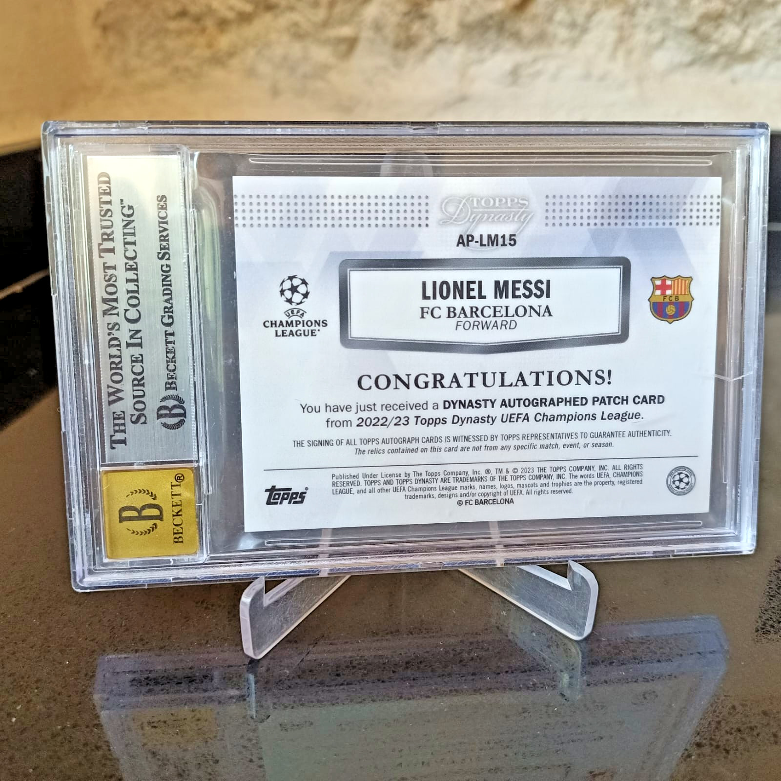 2022 Topps Dynasty UEFA Champions League Lionel Messi PATCH AUTO /10 AP-LM15 PSA view 2