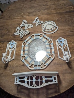 Vintage Homco Home Interiors Bathroom Wall Set Faux Wicker Mirror, Sconces Shelf